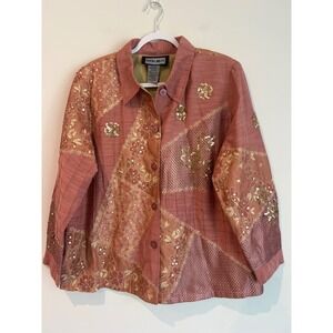 Indigo Moon Pink Sequin Floral Art To Wear‎ Jacket Women's 1X Retro Boho